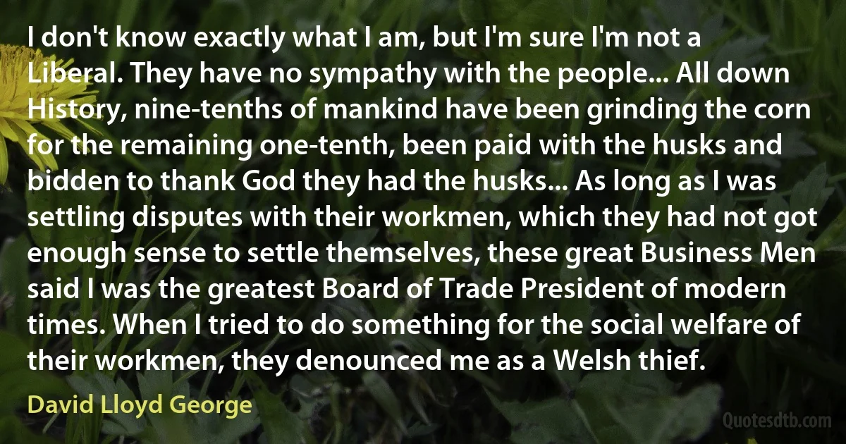 I don't know exactly what I am, but I'm sure I'm not a Liberal. They have no sympathy with the people... All down History, nine-tenths of mankind have been grinding the corn for the remaining one-tenth, been paid with the husks and bidden to thank God they had the husks... As long as I was settling disputes with their workmen, which they had not got enough sense to settle themselves, these great Business Men said I was the greatest Board of Trade President of modern times. When I tried to do something for the social welfare of their workmen, they denounced me as a Welsh thief. (David Lloyd George)