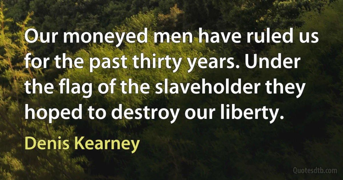 Our moneyed men have ruled us for the past thirty years. Under the flag of the slaveholder they hoped to destroy our liberty. (Denis Kearney)