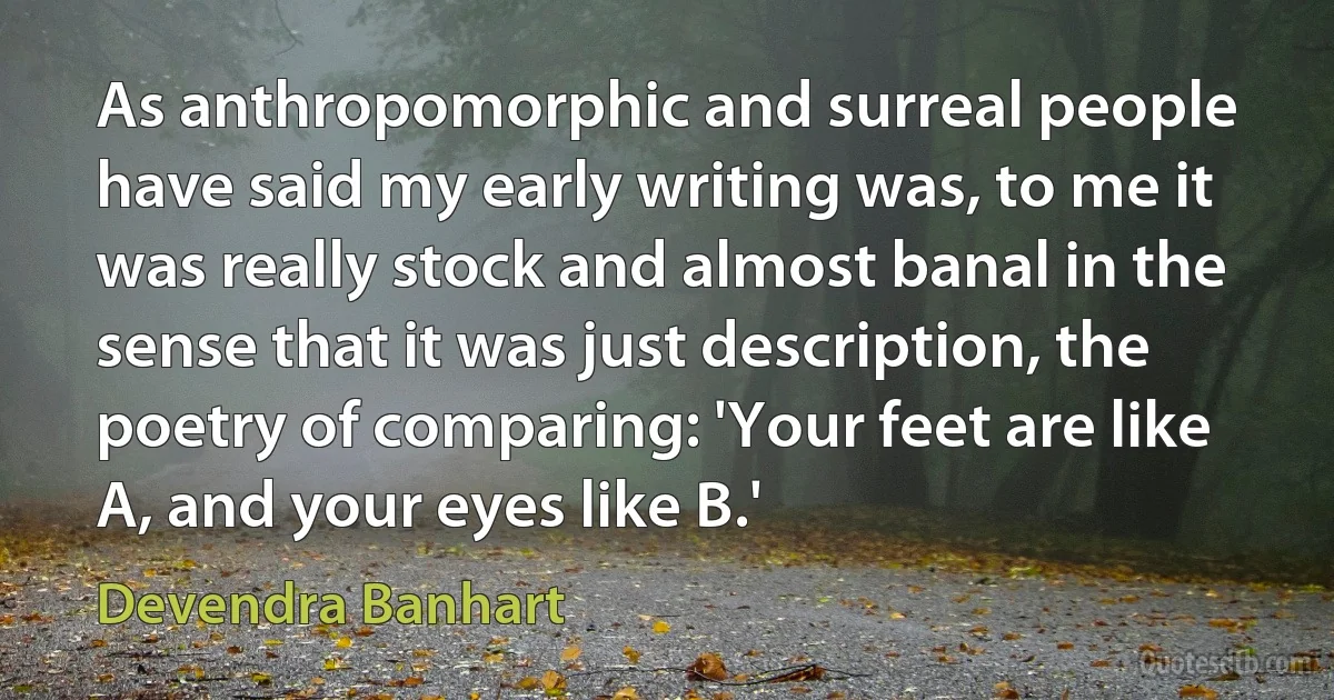 As anthropomorphic and surreal people have said my early writing was, to me it was really stock and almost banal in the sense that it was just description, the poetry of comparing: 'Your feet are like A, and your eyes like B.' (Devendra Banhart)