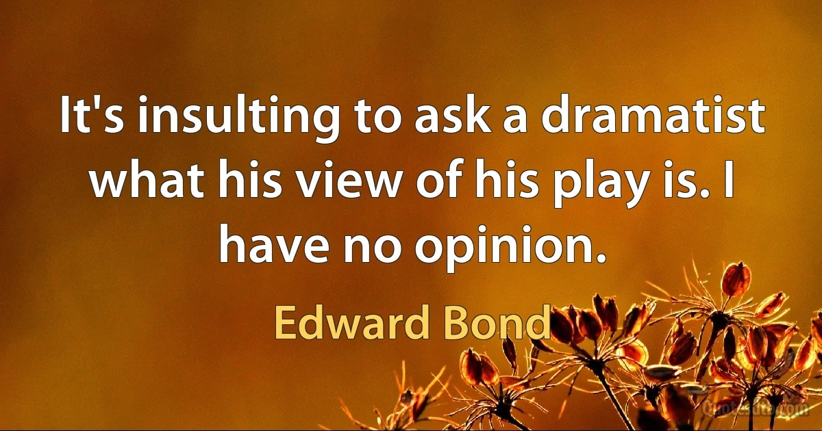 It's insulting to ask a dramatist what his view of his play is. I have no opinion. (Edward Bond)