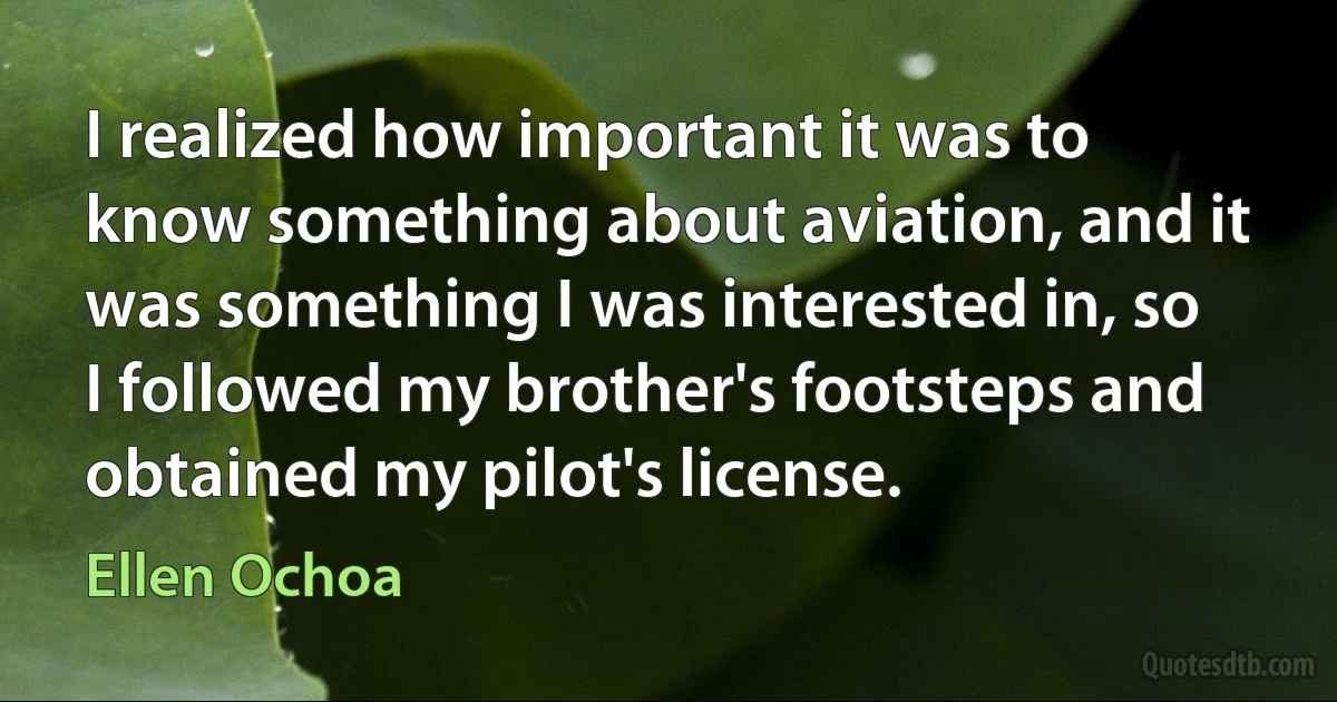 I realized how important it was to know something about aviation, and it was something I was interested in, so I followed my brother's footsteps and obtained my pilot's license. (Ellen Ochoa)