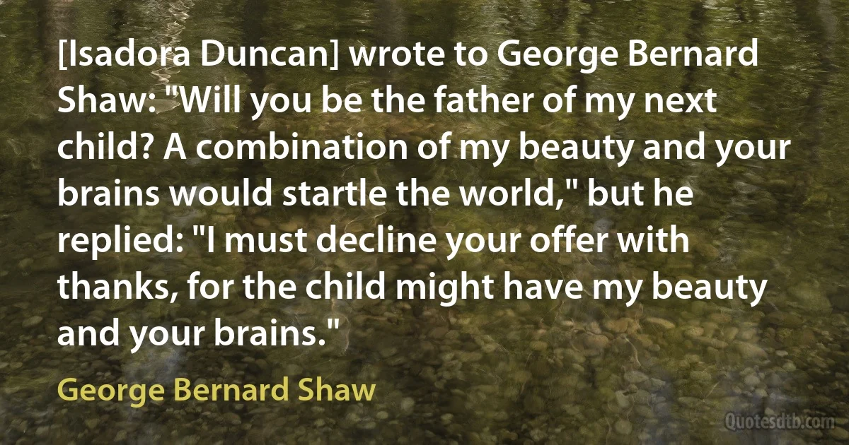 [Isadora Duncan] wrote to George Bernard Shaw: "Will you be the father of my next child? A combination of my beauty and your brains would startle the world," but he replied: "I must decline your offer with thanks, for the child might have my beauty and your brains." (George Bernard Shaw)