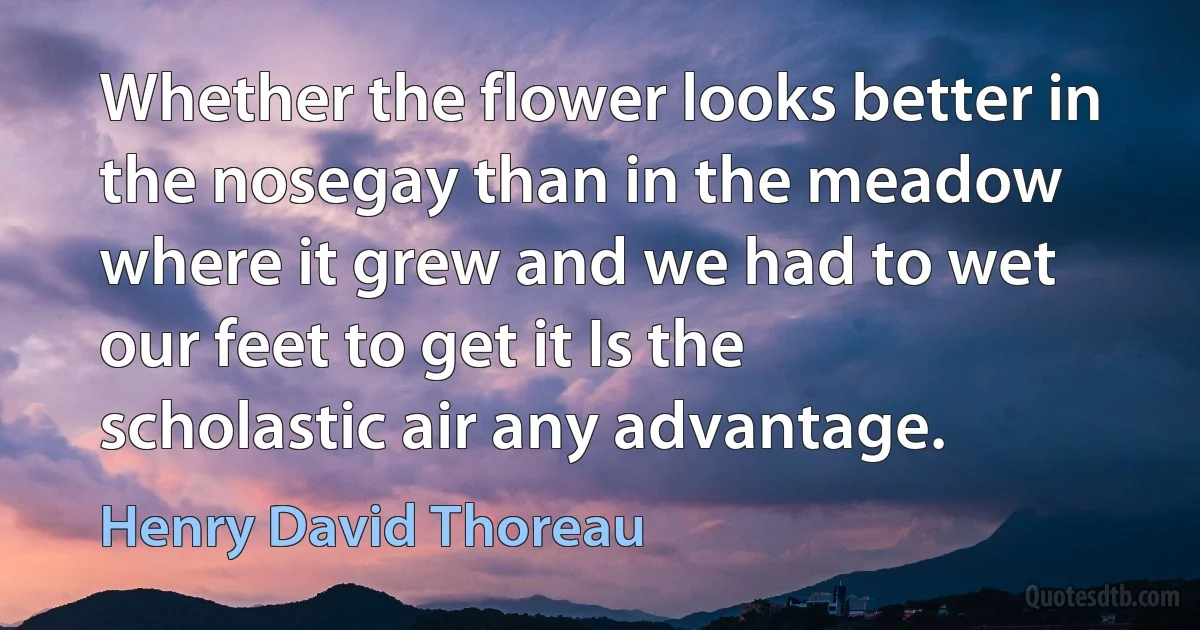 Whether the flower looks better in the nosegay than in the meadow where it grew and we had to wet our feet to get it Is the scholastic air any advantage. (Henry David Thoreau)