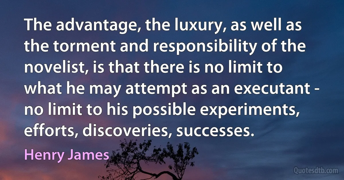 The advantage, the luxury, as well as the torment and responsibility of the novelist, is that there is no limit to what he may attempt as an executant - no limit to his possible experiments, efforts, discoveries, successes. (Henry James)