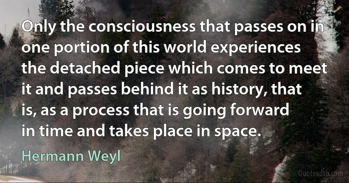 Only the consciousness that passes on in one portion of this world experiences the detached piece which comes to meet it and passes behind it as history, that is, as a process that is going forward in time and takes place in space. (Hermann Weyl)