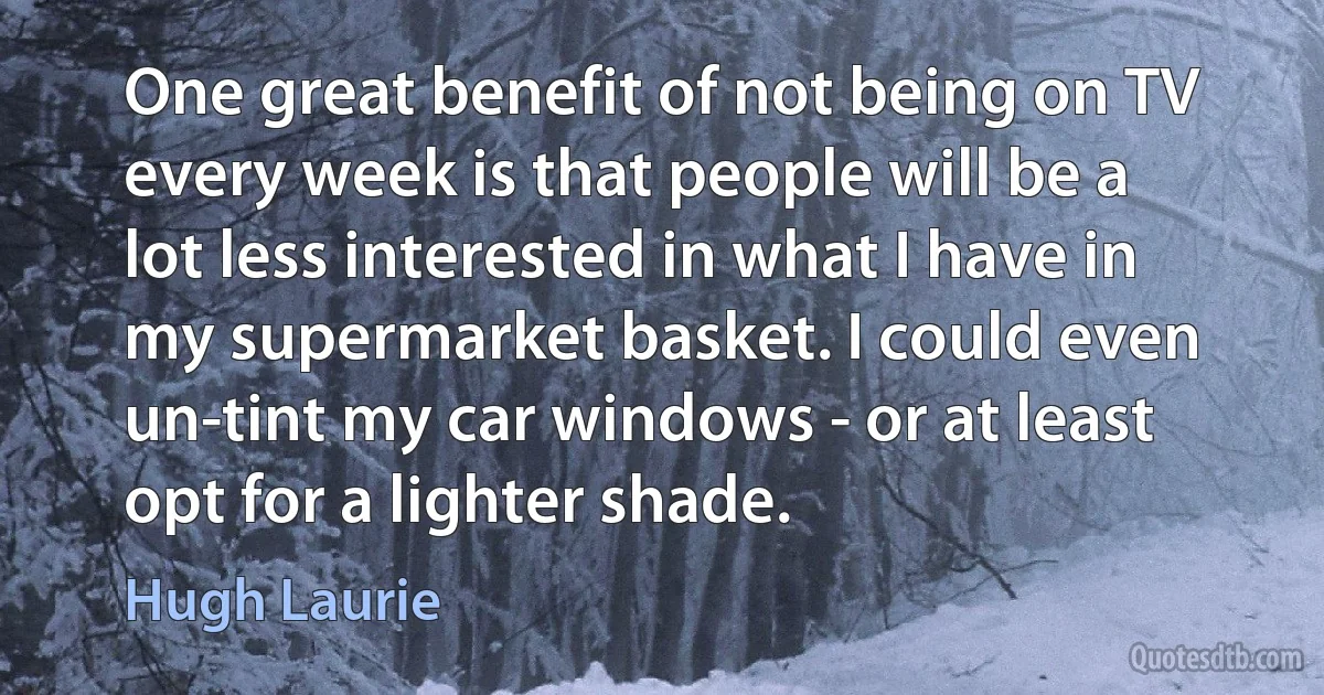 One great benefit of not being on TV every week is that people will be a lot less interested in what I have in my supermarket basket. I could even un-tint my car windows - or at least opt for a lighter shade. (Hugh Laurie)