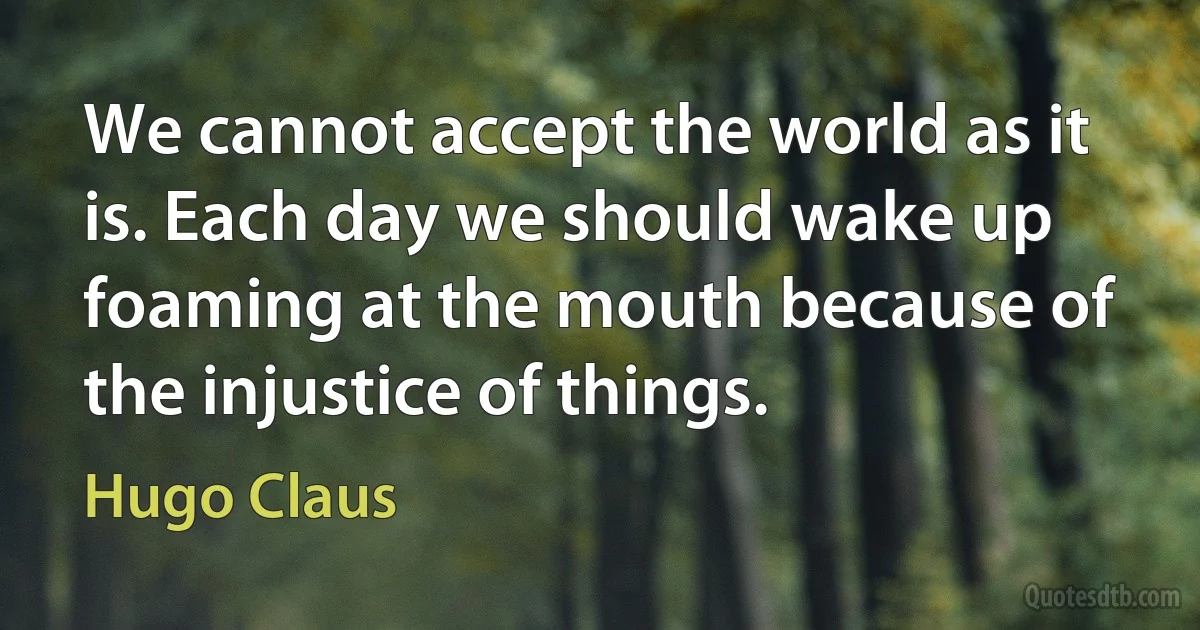 We cannot accept the world as it is. Each day we should wake up foaming at the mouth because of the injustice of things. (Hugo Claus)