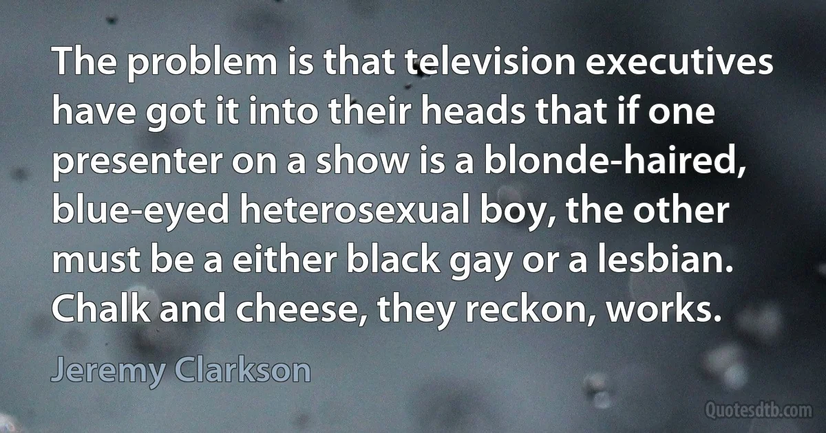 The problem is that television executives have got it into their heads that if one presenter on a show is a blonde-haired, blue-eyed heterosexual boy, the other must be a either black gay or a lesbian. Chalk and cheese, they reckon, works. (Jeremy Clarkson)