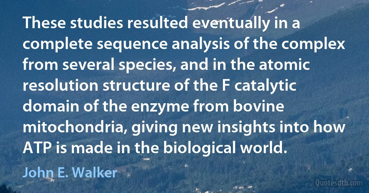 These studies resulted eventually in a complete sequence analysis of the complex from several species, and in the atomic resolution structure of the F catalytic domain of the enzyme from bovine mitochondria, giving new insights into how ATP is made in the biological world. (John E. Walker)