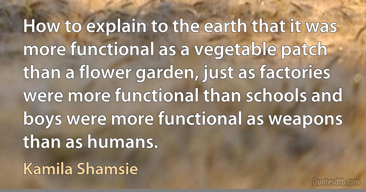 How to explain to the earth that it was more functional as a vegetable patch than a flower garden, just as factories were more functional than schools and boys were more functional as weapons than as humans. (Kamila Shamsie)