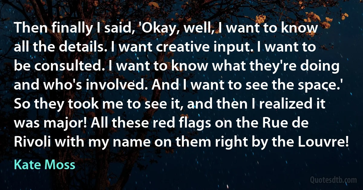 Then finally I said, 'Okay, well, I want to know all the details. I want creative input. I want to be consulted. I want to know what they're doing and who's involved. And I want to see the space.' So they took me to see it, and then I realized it was major! All these red flags on the Rue de Rivoli with my name on them right by the Louvre! (Kate Moss)