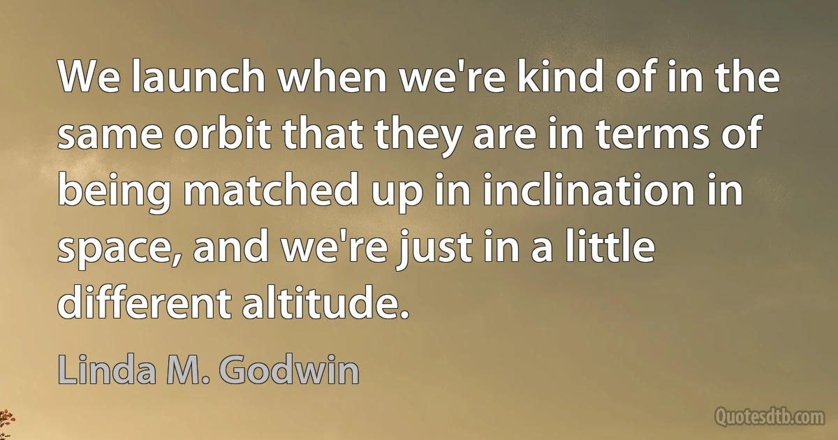 We launch when we're kind of in the same orbit that they are in terms of being matched up in inclination in space, and we're just in a little different altitude. (Linda M. Godwin)