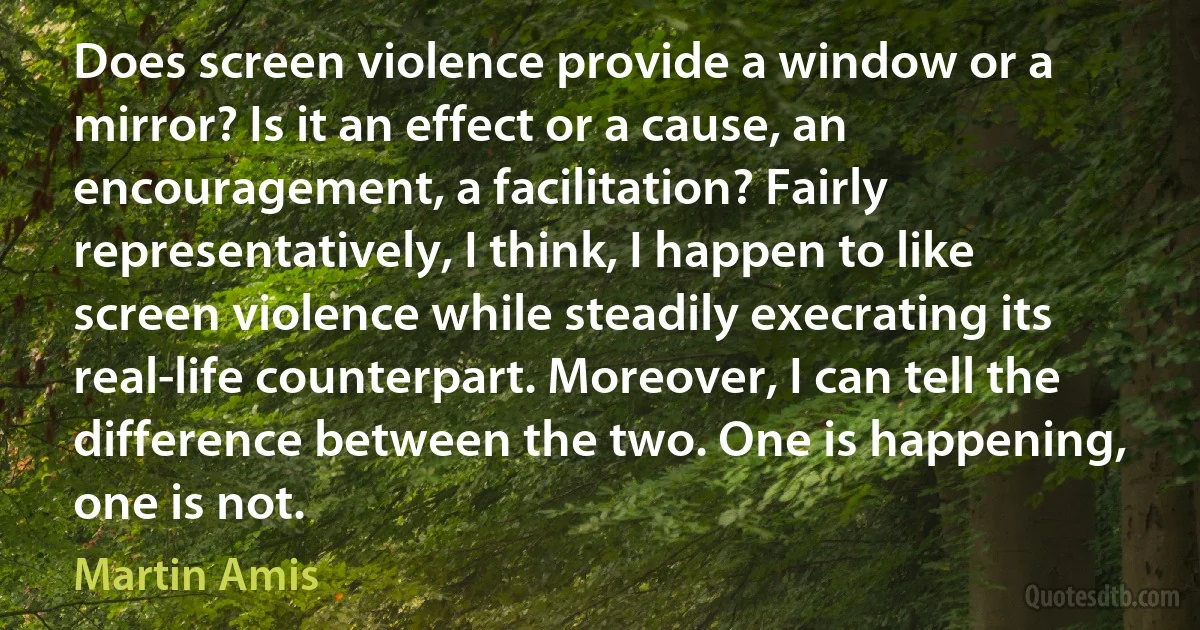 Does screen violence provide a window or a mirror? Is it an effect or a cause, an encouragement, a facilitation? Fairly representatively, I think, I happen to like screen violence while steadily execrating its real-life counterpart. Moreover, I can tell the difference between the two. One is happening, one is not. (Martin Amis)