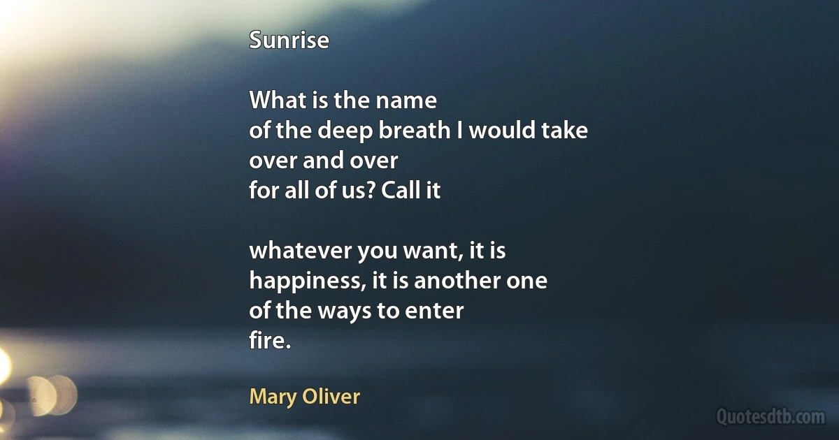 Sunrise

What is the name
of the deep breath I would take
over and over
for all of us? Call it

whatever you want, it is
happiness, it is another one
of the ways to enter
fire. (Mary Oliver)