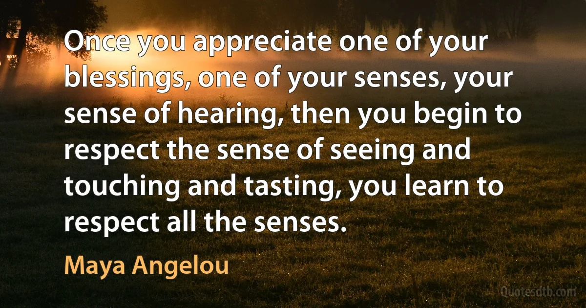 Once you appreciate one of your blessings, one of your senses, your sense of hearing, then you begin to respect the sense of seeing and touching and tasting, you learn to respect all the senses. (Maya Angelou)