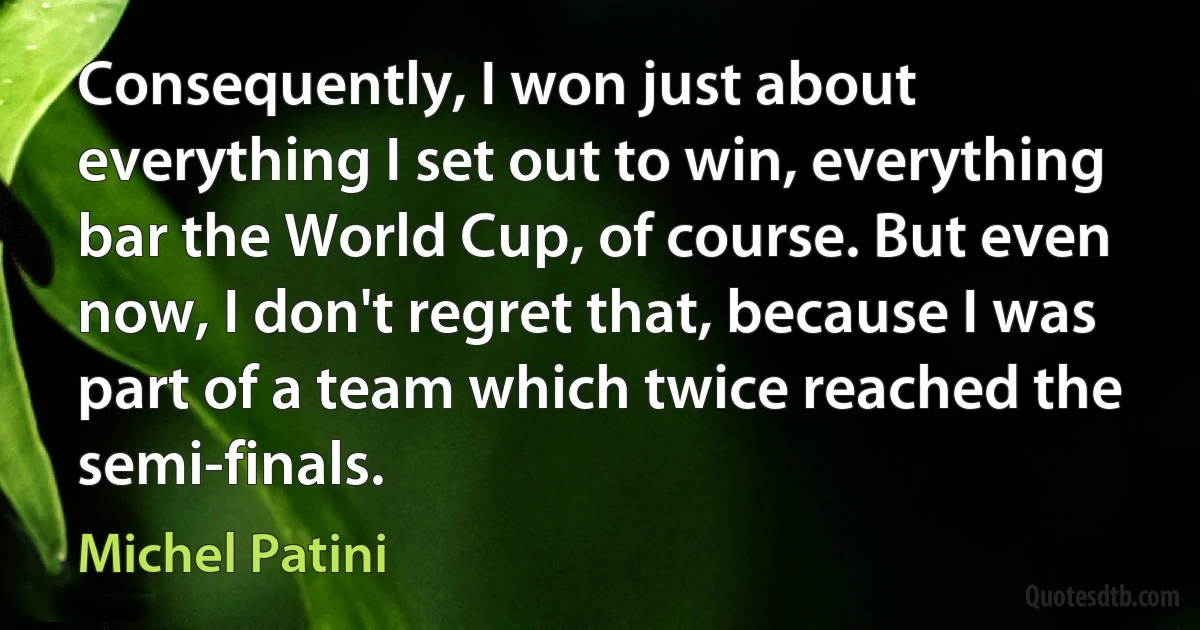 Consequently, I won just about everything I set out to win, everything bar the World Cup, of course. But even now, I don't regret that, because I was part of a team which twice reached the semi-finals. (Michel Patini)