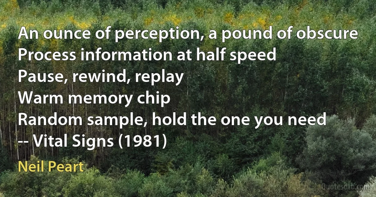 An ounce of perception, a pound of obscure
Process information at half speed
Pause, rewind, replay
Warm memory chip
Random sample, hold the one you need
-- Vital Signs (1981) (Neil Peart)