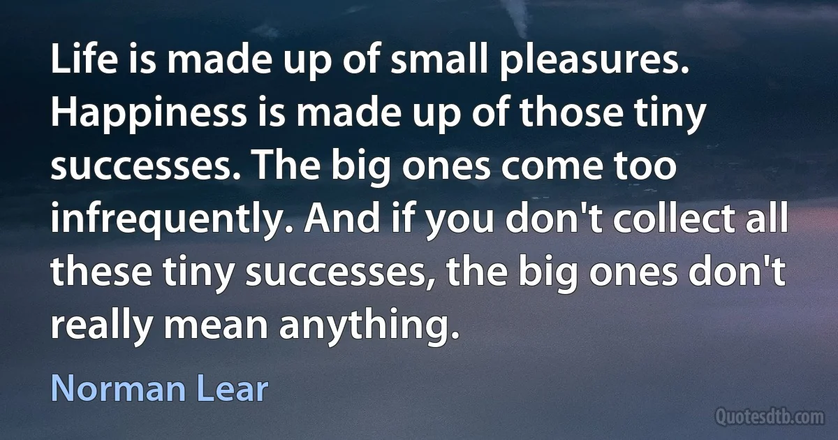 Life is made up of small pleasures. Happiness is made up of those tiny successes. The big ones come too infrequently. And if you don't collect all these tiny successes, the big ones don't really mean anything. (Norman Lear)