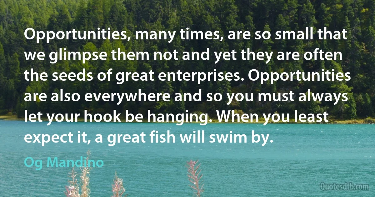 Opportunities, many times, are so small that we glimpse them not and yet they are often the seeds of great enterprises. Opportunities are also everywhere and so you must always let your hook be hanging. When you least expect it, a great fish will swim by. (Og Mandino)