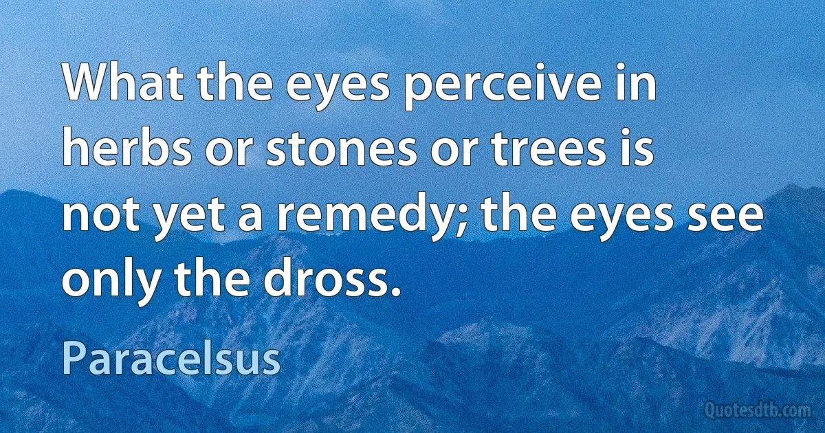 What the eyes perceive in herbs or stones or trees is not yet a remedy; the eyes see only the dross. (Paracelsus)