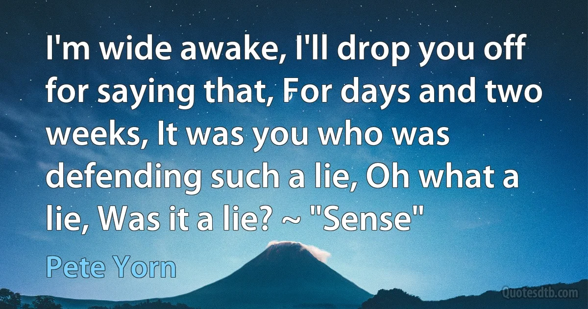 I'm wide awake, I'll drop you off for saying that, For days and two weeks, It was you who was defending such a lie, Oh what a lie, Was it a lie? ~ "Sense" (Pete Yorn)