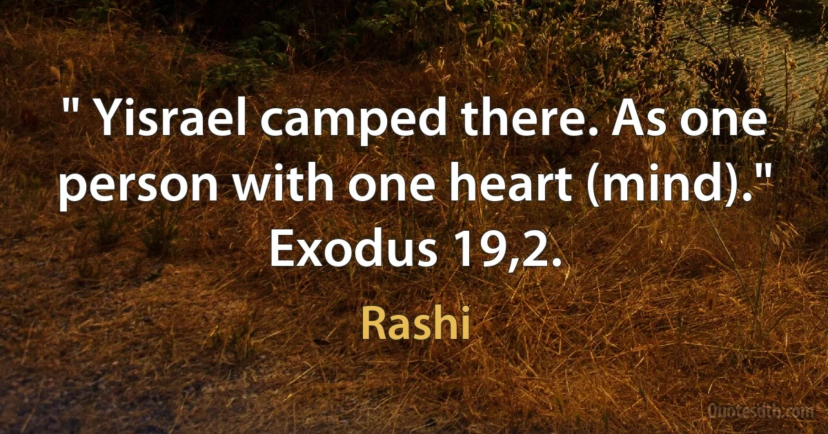 " Yisrael camped there. As one person with one heart (mind)." Exodus 19,2. (Rashi)