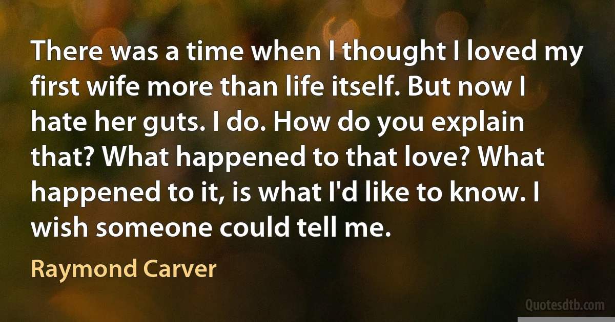 There was a time when I thought I loved my first wife more than life itself. But now I hate her guts. I do. How do you explain that? What happened to that love? What happened to it, is what I'd like to know. I wish someone could tell me. (Raymond Carver)