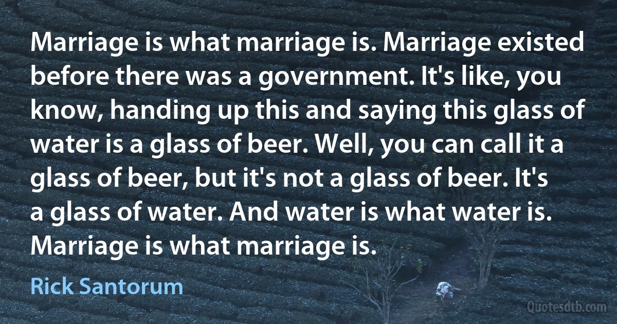 Marriage is what marriage is. Marriage existed before there was a government. It's like, you know, handing up this and saying this glass of water is a glass of beer. Well, you can call it a glass of beer, but it's not a glass of beer. It's a glass of water. And water is what water is. Marriage is what marriage is. (Rick Santorum)