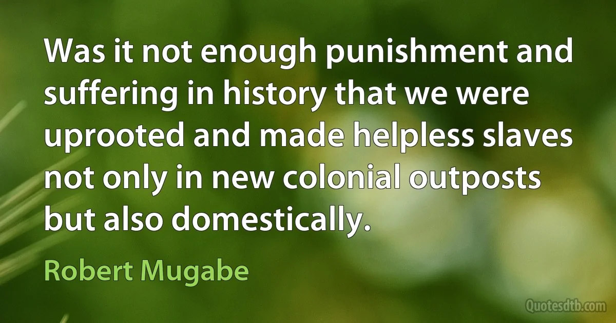 Was it not enough punishment and suffering in history that we were uprooted and made helpless slaves not only in new colonial outposts but also domestically. (Robert Mugabe)