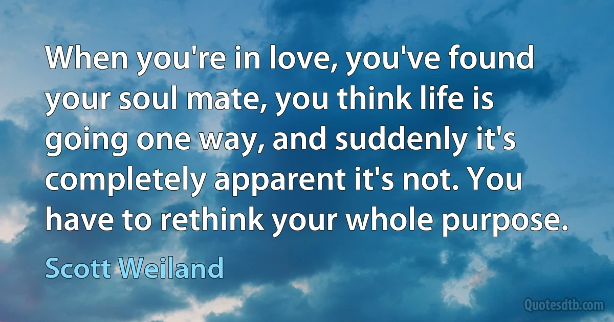 When you're in love, you've found your soul mate, you think life is going one way, and suddenly it's completely apparent it's not. You have to rethink your whole purpose. (Scott Weiland)