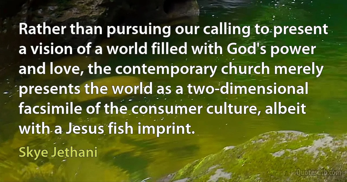 Rather than pursuing our calling to present a vision of a world filled with God's power and love, the contemporary church merely presents the world as a two-dimensional facsimile of the consumer culture, albeit with a Jesus fish imprint. (Skye Jethani)