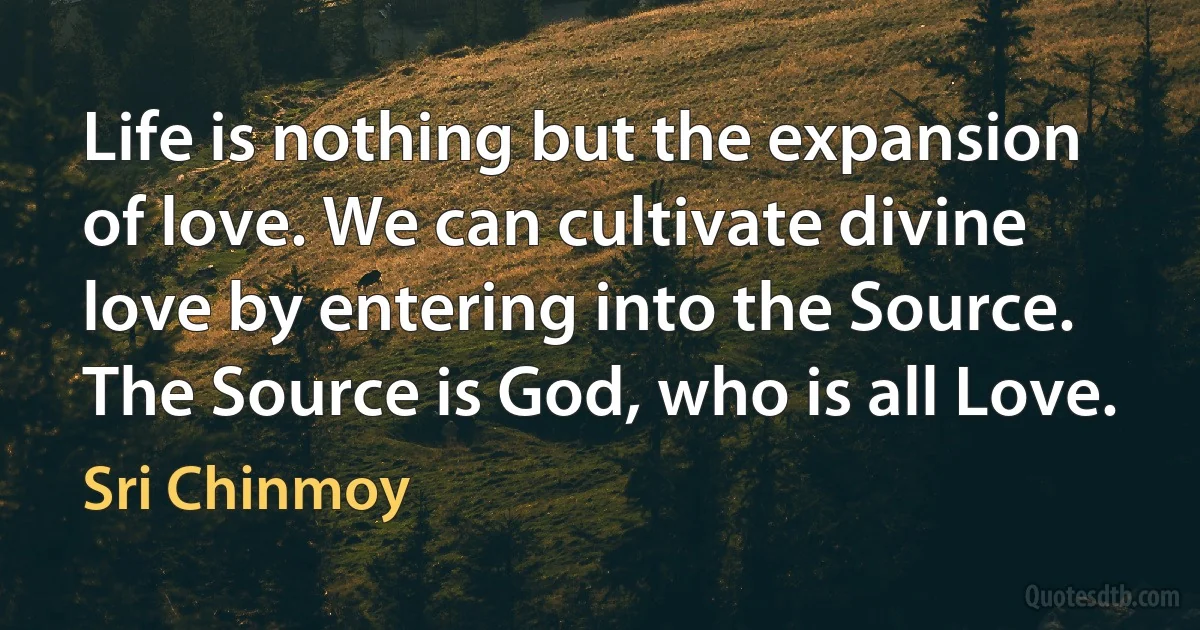 Life is nothing but the expansion of love. We can cultivate divine love by entering into the Source. The Source is God, who is all Love. (Sri Chinmoy)