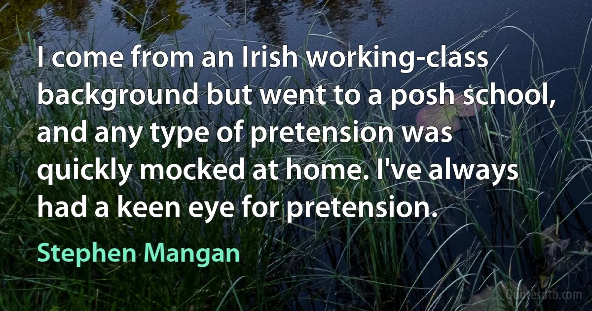 I come from an Irish working-class background but went to a posh school, and any type of pretension was quickly mocked at home. I've always had a keen eye for pretension. (Stephen Mangan)