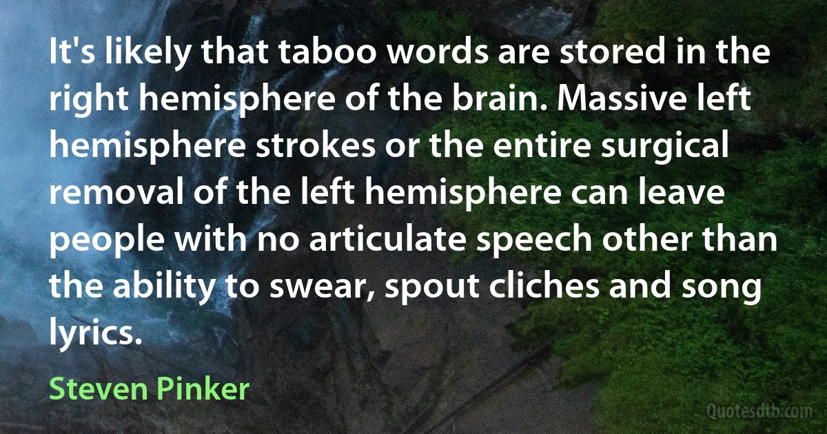 It's likely that taboo words are stored in the right hemisphere of the brain. Massive left hemisphere strokes or the entire surgical removal of the left hemisphere can leave people with no articulate speech other than the ability to swear, spout cliches and song lyrics. (Steven Pinker)