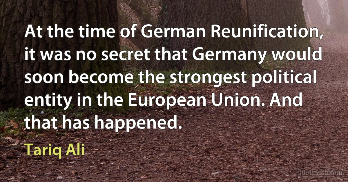 At the time of German Reunification, it was no secret that Germany would soon become the strongest political entity in the European Union. And that has happened. (Tariq Ali)