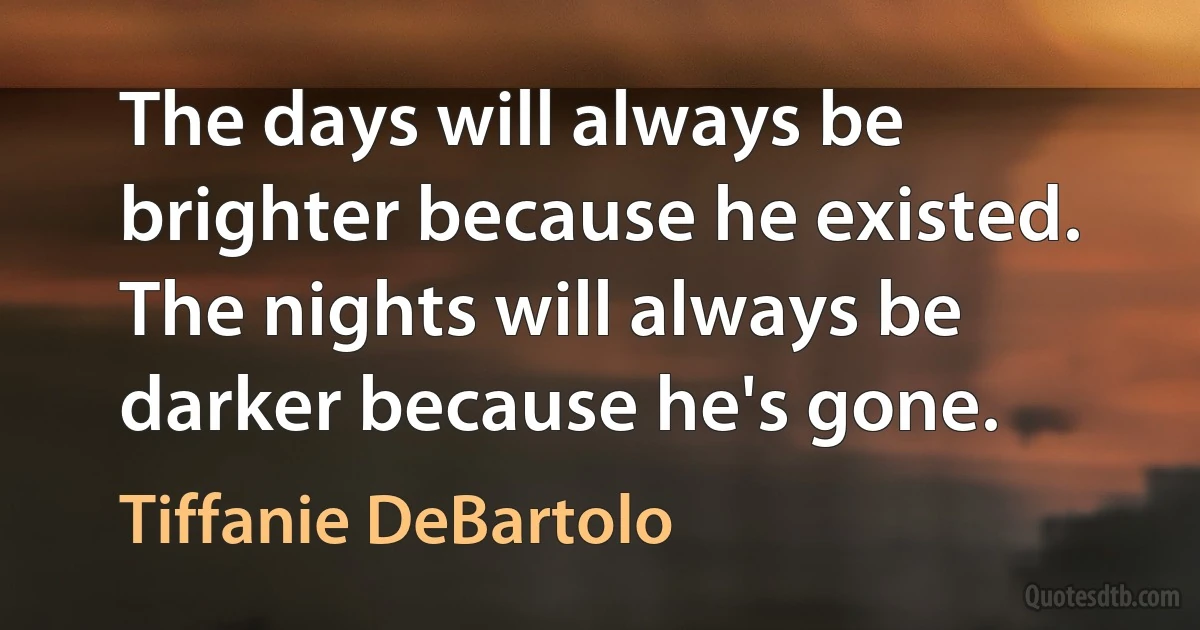 The days will always be brighter because he existed. The nights will always be darker because he's gone. (Tiffanie DeBartolo)