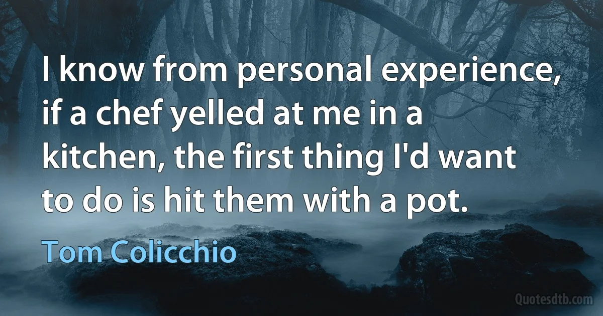 I know from personal experience, if a chef yelled at me in a kitchen, the first thing I'd want to do is hit them with a pot. (Tom Colicchio)