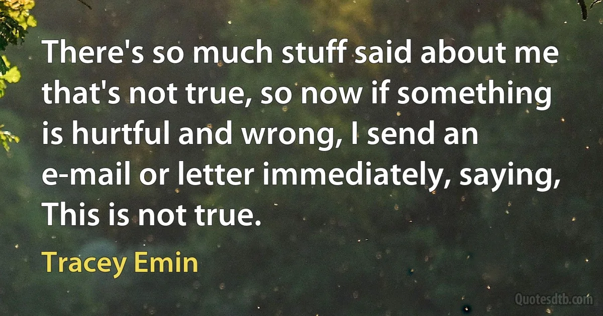 There's so much stuff said about me that's not true, so now if something is hurtful and wrong, I send an e-mail or letter immediately, saying, This is not true. (Tracey Emin)