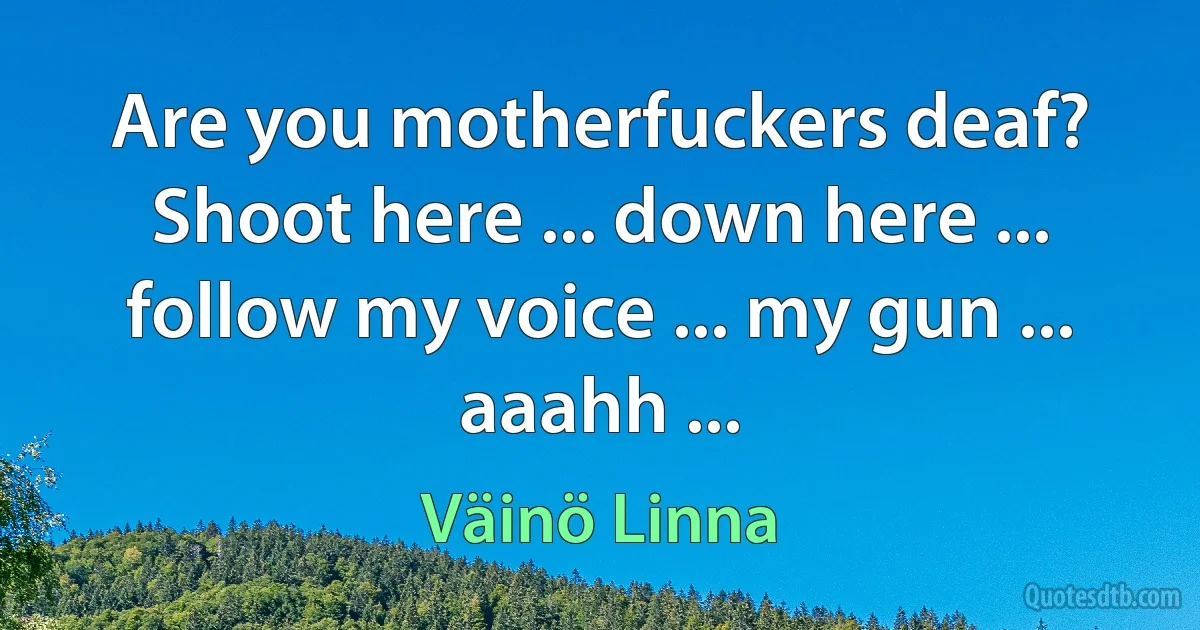 Are you motherfuckers deaf? Shoot here ... down here ... follow my voice ... my gun ... aaahh ... (Väinö Linna)