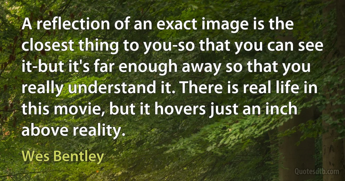 A reflection of an exact image is the closest thing to you-so that you can see it-but it's far enough away so that you really understand it. There is real life in this movie, but it hovers just an inch above reality. (Wes Bentley)