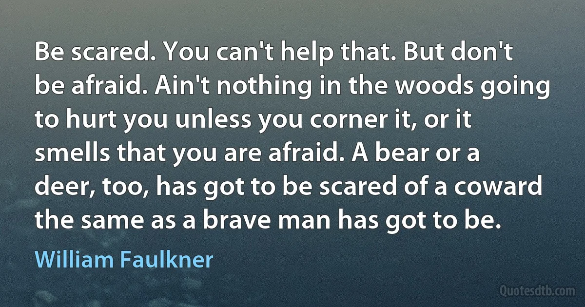 Be scared. You can't help that. But don't be afraid. Ain't nothing in the woods going to hurt you unless you corner it, or it smells that you are afraid. A bear or a deer, too, has got to be scared of a coward the same as a brave man has got to be. (William Faulkner)