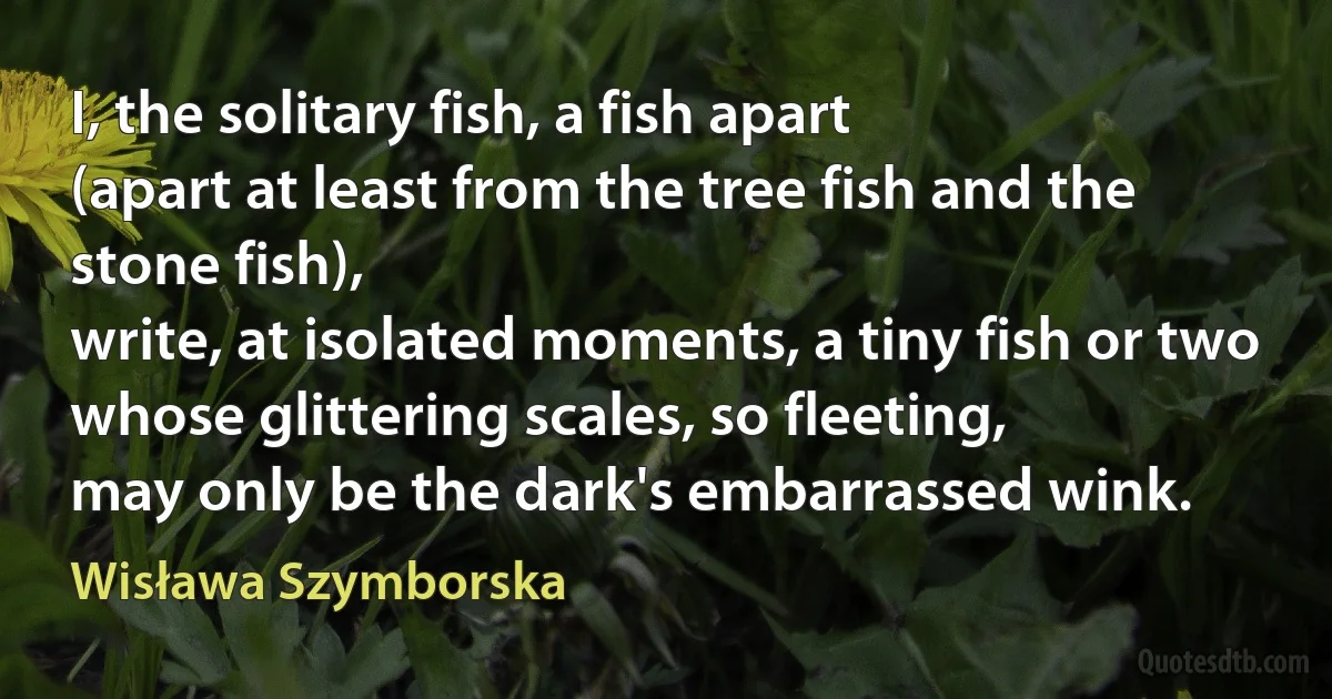 I, the solitary fish, a fish apart
(apart at least from the tree fish and the stone fish),
write, at isolated moments, a tiny fish or two
whose glittering scales, so fleeting,
may only be the dark's embarrassed wink. (Wisława Szymborska)