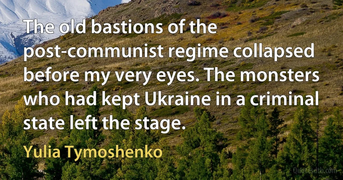 The old bastions of the post-communist regime collapsed before my very eyes. The monsters who had kept Ukraine in a criminal state left the stage. (Yulia Tymoshenko)