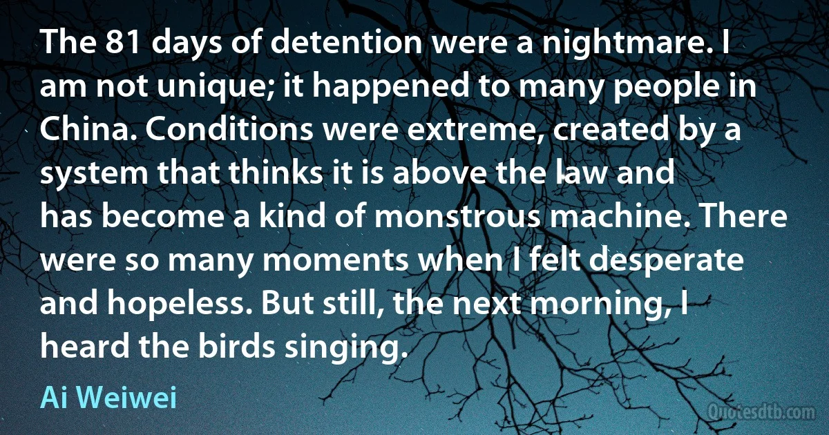 The 81 days of detention were a nightmare. I am not unique; it happened to many people in China. Conditions were extreme, created by a system that thinks it is above the law and has become a kind of monstrous machine. There were so many moments when I felt desperate and hopeless. But still, the next morning, I heard the birds singing. (Ai Weiwei)