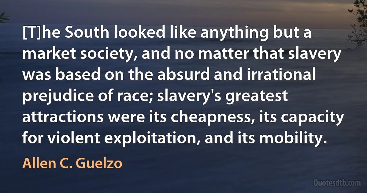 [T]he South looked like anything but a market society, and no matter that slavery was based on the absurd and irrational prejudice of race; slavery's greatest attractions were its cheapness, its capacity for violent exploitation, and its mobility. (Allen C. Guelzo)