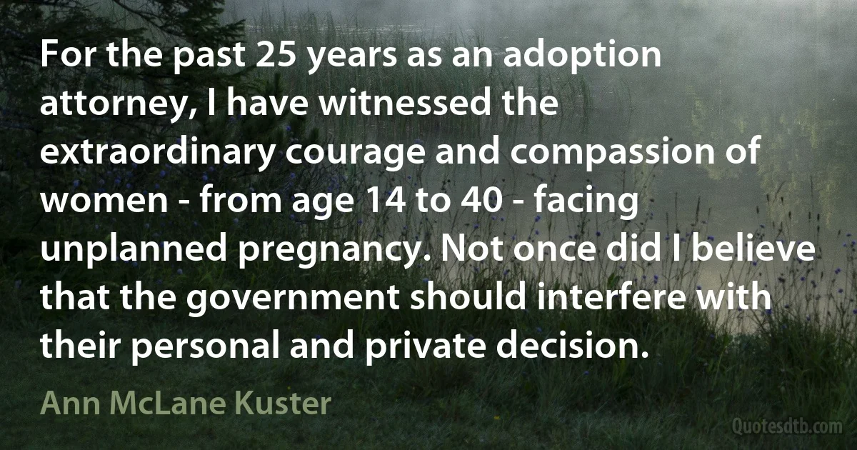 For the past 25 years as an adoption attorney, I have witnessed the extraordinary courage and compassion of women - from age 14 to 40 - facing unplanned pregnancy. Not once did I believe that the government should interfere with their personal and private decision. (Ann McLane Kuster)