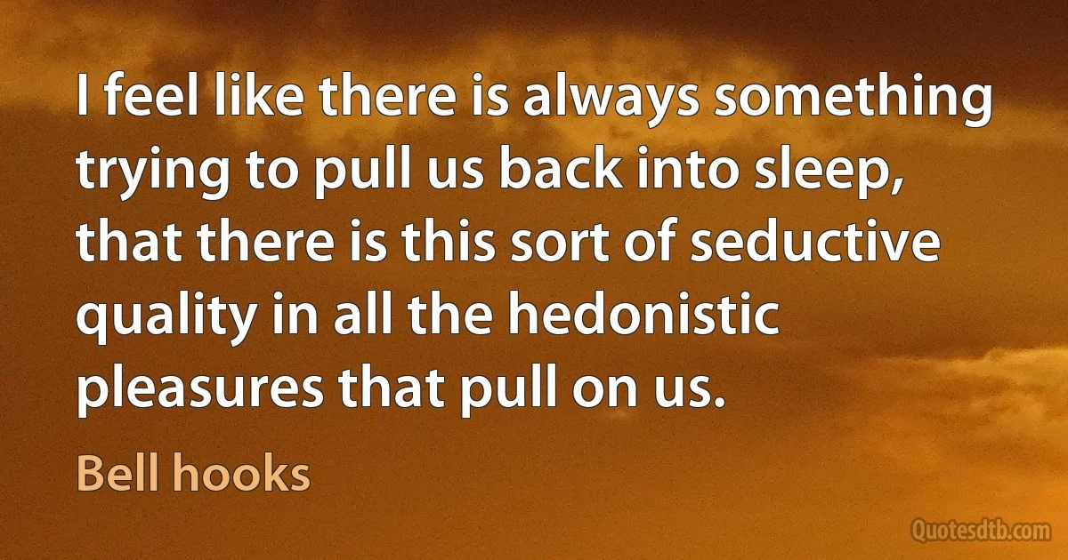 I feel like there is always something trying to pull us back into sleep, that there is this sort of seductive quality in all the hedonistic pleasures that pull on us. (Bell hooks)