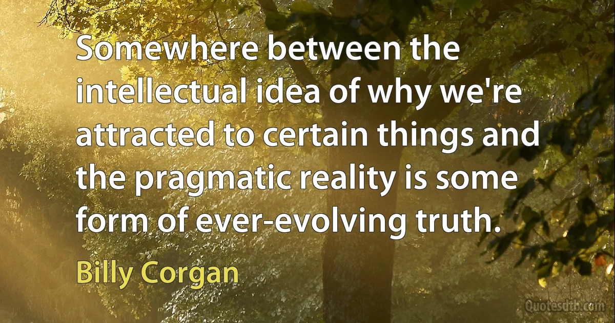 Somewhere between the intellectual idea of why we're attracted to certain things and the pragmatic reality is some form of ever-evolving truth. (Billy Corgan)