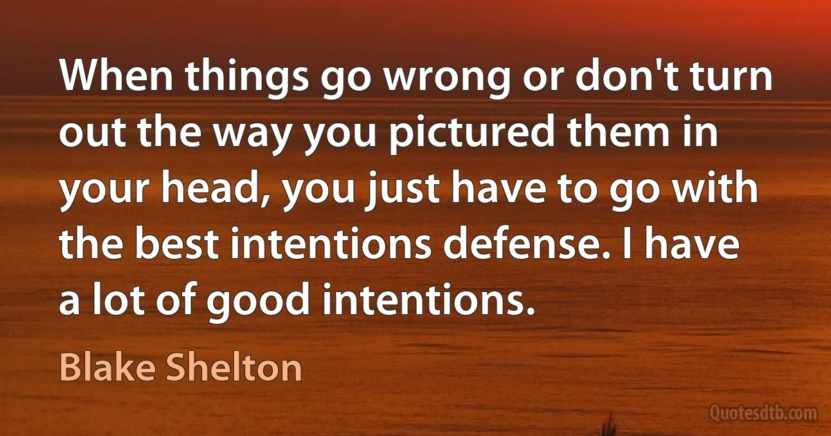 When things go wrong or don't turn out the way you pictured them in your head, you just have to go with the best intentions defense. I have a lot of good intentions. (Blake Shelton)