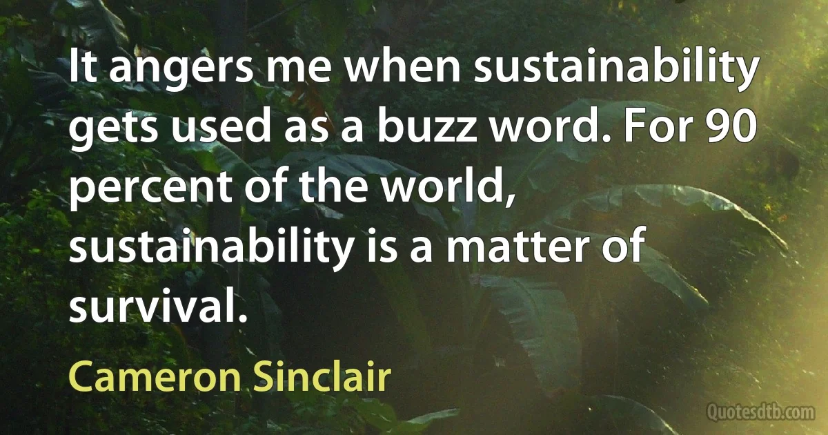 It angers me when sustainability gets used as a buzz word. For 90 percent of the world, sustainability is a matter of survival. (Cameron Sinclair)